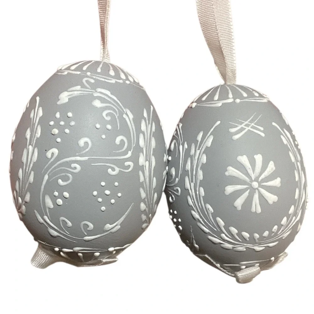 Set of 6 Easter Ornaments Pink Purple Gray Decorative Eggs Hanging Ribbons